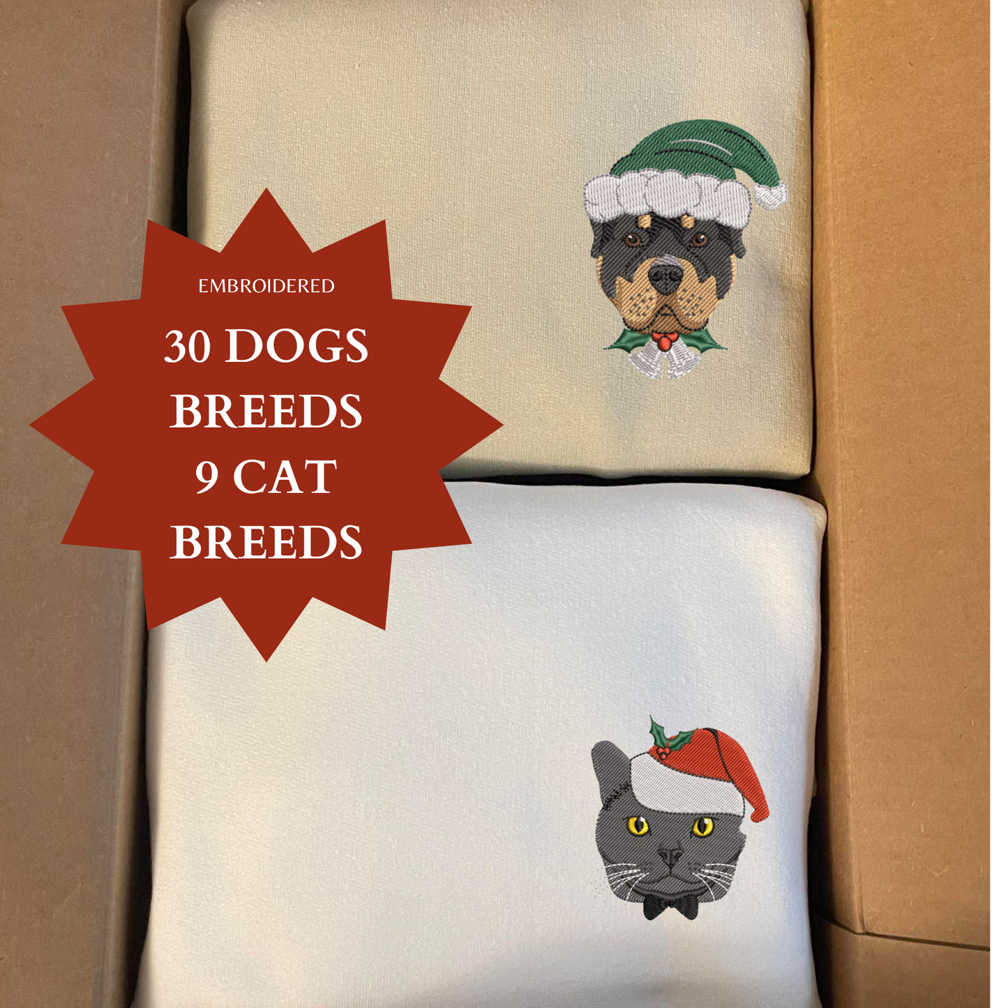 Christmas Dogs & Cats Sweatshirt (30 Dog Breeds, 9 Cat Breeds)